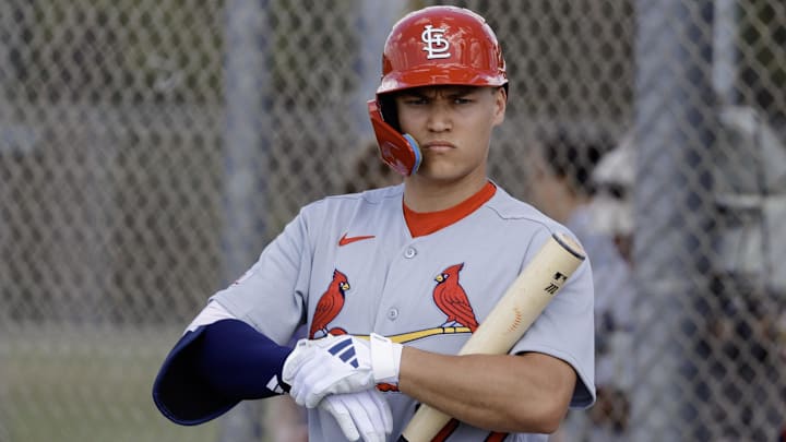 Feb 16, 2026; Jupiter, FL, USA; St. Louis Cardinals infielder JJ Wetherholt (77) during spring training workouts at Roger Dean Stadium. Mandatory Credit: Reinhold Matay-Imagn Images Feb 16, 2026; Jupiter, FL, USA; St. Louis Cardinals infielder JJ Wetherholt (77) during spring training workouts at Roger Dean Stadium. Mandatory Credit: Reinhold Matay-Imagn Images