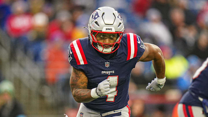Dec 28, 2024; Foxborough, Massachusetts, USA; New England Patriots running back Antonio Gibson (4) on the field against the Los Angeles Chargers in the second half at Gillette Stadium. Mandatory Credit: David Butler II-Imagn Images