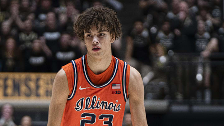 Jan 24, 2026; West Lafayette, Indiana, USA; Illinois Fighting Illini guard Keaton Wagler (23) dribbles the ball during the first half against the Purdue Boilermakers Jan 24, 2026, in West Lafayette, Indiana, at Mackey Arena.  Mandatory Credit: Jacob Musselman-Imagn Images
