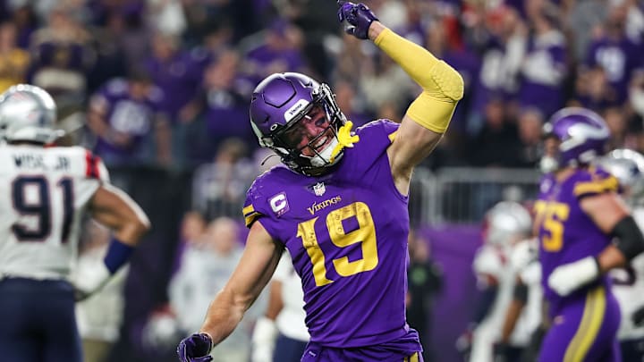 Nov 24, 2022; Minneapolis, Minnesota, USA; Minnesota Vikings wide receiver Adam Thielen (19) celebrates his touchdown against the New England Patriots during the fourth quarter at U.S. Bank Stadium. Mandatory Credit: Matt Krohn-Imagn Images