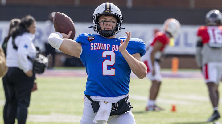 Jan 29, 2026; Mobile, AL, USA; National quarterback Diego Pavia (2) of Vanderbilt throws the ball during National Senior Bowl practice at Hancock Whitney Stadium. Mandatory Credit: Vasha Hunt-Imagn Images Jan 29, 2026; Mobile, AL, USA; National quarterback Diego Pavia (2) of Vanderbilt throws the ball during National Senior Bowl practice at Hancock Whitney Stadium. Mandatory Credit: Vasha Hunt-Imagn Images