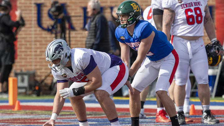 National offensive lineman Samuel Hecht (55) of Kansas State and National quarterback Sawyer Robertson (12) of Baylor National offensive lineman Samuel Hecht (55) of Kansas State and National quarterback Sawyer Robertson (12) of Baylor