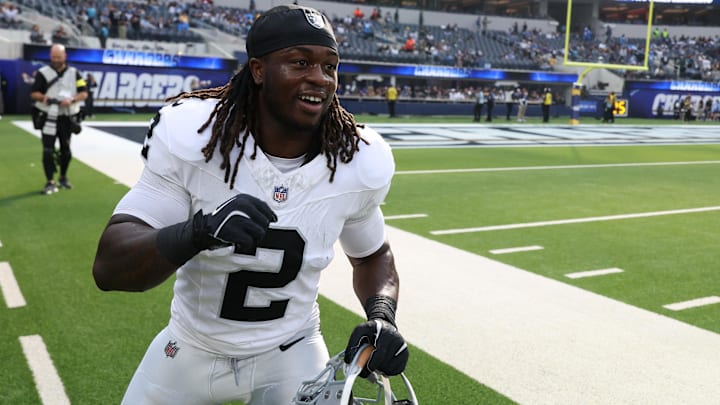 Nov 30, 2025; Inglewood, California, USA; Las Vegas Raiders running back Ashton Jeanty (2) reacts before the game at SoFi Stadium. Mandatory Credit: Kiyoshi Mio-Imagn Images Nov 30, 2025; Inglewood, California, USA; Las Vegas Raiders running back Ashton Jeanty (2) reacts before the game at SoFi Stadium. Mandatory Credit: Kiyoshi Mio-Imagn Images