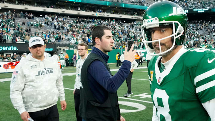 New York Jets QB Aaron Rodgers (8) after 28-27 loss to the Indianapolis Colts on Sunday at MetLife Stadium.