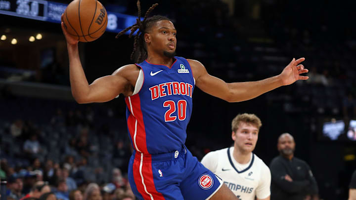 Oct 6, 2025; Memphis, Tennessee, USA; Detroit Pistons guard Chaz Lanier (20) : Petre Thomas-Imagn Images
