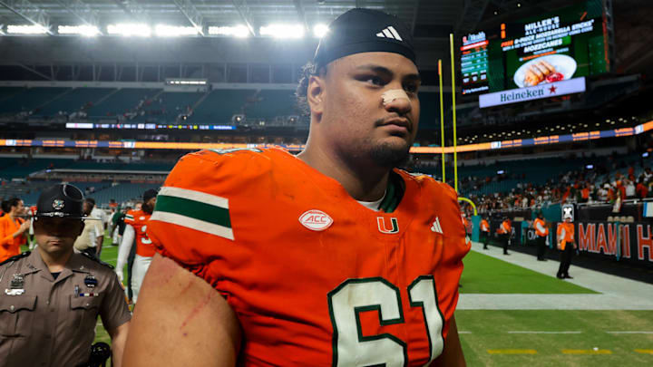 Nov 15, 2025; Miami Gardens, Florida, USA; Miami Hurricanes offensive lineman Francis Mauigoa (61) looks on after the game against NC State Wolfpack at Hard Rock Stadium. Mandatory Credit: Sam Navarro-Imagn Images Nov 15, 2025; Miami Gardens, Florida, USA; Miami Hurricanes offensive lineman Francis Mauigoa (61) looks on after the game against NC State Wolfpack at Hard Rock Stadium. Mandatory Credit: Sam Navarro-Imagn Images