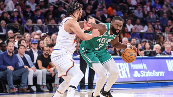 May 10, 2025; New York, New York, USA; Boston Celtics guard Jaylen Brown (7) looks to drive past New York Knicks guard Jalen Brunson (11) in the fourth quarter during game three of the second round for the 2025 NBA Playoffs at Madison Square Garden. Mandatory Credit: Wendell Cruz-Imagn Images