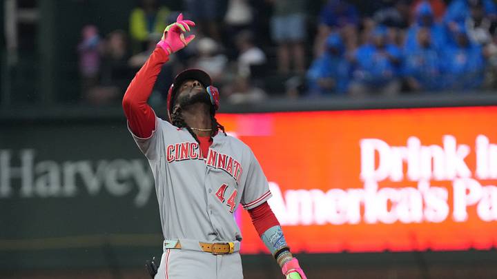 Aug 30, 2026; Chicago, Illinois, USA;  Cincinnati Reds shortstop Elly de la Cruz (44) gestures after hitting a double against the Chicago Cubs during the first inning at Wrigley Field.  Mandatory Credit: David Banks-Imagn Images