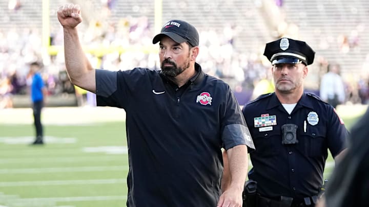 Ohio State Buckeyes head coach Ryan Day leaves the field following the NCAA football game against the Washington Huskies at Husky Stadium in Seattle on Sept. 27, 2025. Ohio State won 24-6.