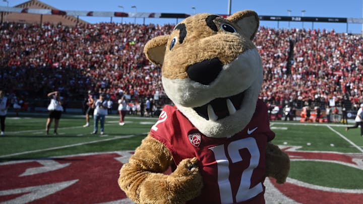 Sep 9, 2023; Pullman, Washington, USA; Washington State Cougars mascot Butch performs against the Wisconsin Badgers in the first half at Gesa Field at Martin Stadium. Mandatory Credit: James Snook-Imagn Images