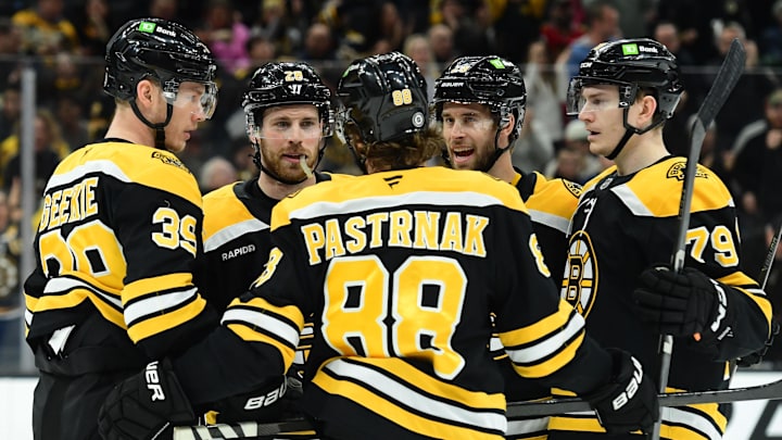 Apr 10, 2025; Boston, Massachusetts, USA; Boston Bruins right wing David Pastrnak (88) celebrates his goal with his teammates during the first period against the Chicago Blackhawks at TD Garden. Mandatory Credit: Bob DeChiara-Imagn Images