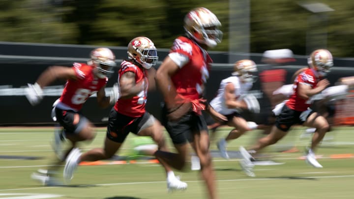 May 9, 2025; Santa Clara, CA, USA; San Francisco 49ers players engage in running drills during the teamís rookie minicamp. Mandatory Credit: D. Ross Cameron-Imagn Images May 9, 2025; Santa Clara, CA, USA; San Francisco 49ers players engage in running drills during the teamís rookie minicamp. Mandatory Credit: D. Ross Cameron-Imagn Images