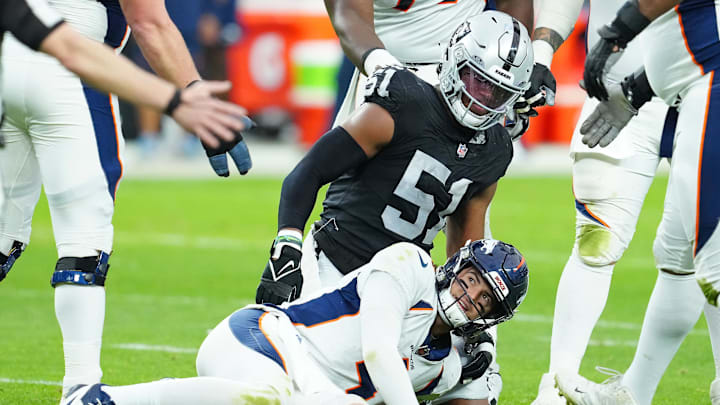 Jan 7, 2024; Paradise, Nevada, USA; Denver Broncos quarterback Jarrett Stidham (4) reacts after being knocked down by Las Vegas Raiders defensive end Malcolm Koonce (51) during the second quarter at Allegiant Stadium. Mandatory Credit: Stephen R. Sylvanie-Imagn Images Jan 7, 2024; Paradise, Nevada, USA; Denver Broncos quarterback Jarrett Stidham (4) reacts after being knocked down by Las Vegas Raiders defensive end Malcolm Koonce (51) during the second quarter at Allegiant Stadium. Mandatory Credit: Stephen R. Sylvanie-Imagn Images