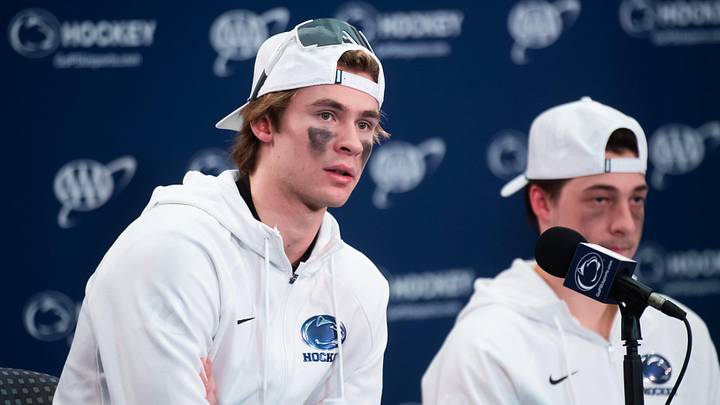 Penn State's Gavin McKenna, left, answers a question during a post-game press conference following a Big Ten hockey game against Michigan State at Beaver Stadium on January 31, 2026, in State College.