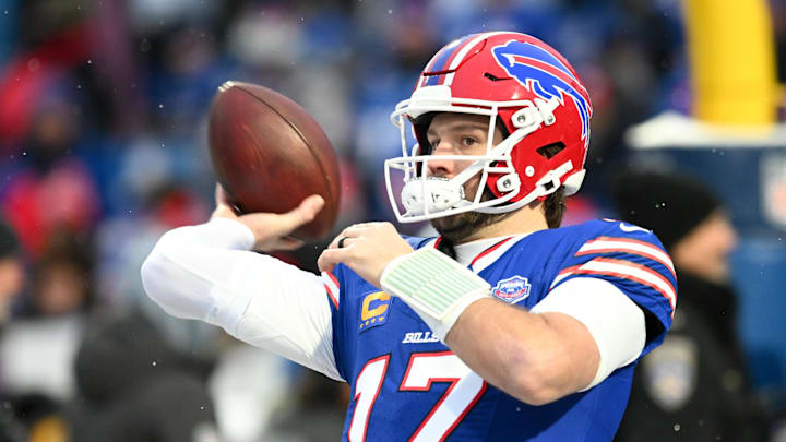 Jan 4, 2026; Orchard Park, New York, USA; Buffalo Bills quarterback Josh Allen (17) warms up before the game against the New York Jets at Highmark Stadium. 