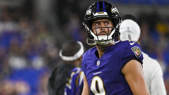 Aug 9, 2024; Baltimore, Maryland, USA; Baltimore Ravens kicker Justin Tucker  walks the sidelines during the second half  of a preseason game against the Philadelphia Eagles at M&T Bank Stadium. Mandatory Credit: Tommy Gilligan-Imagn Images