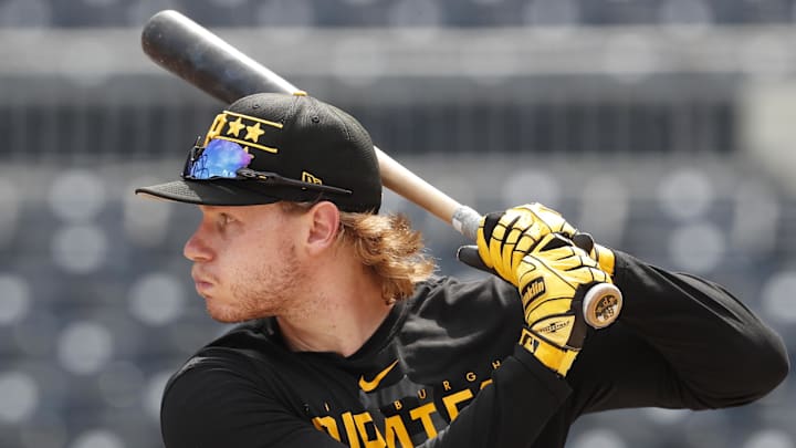 Jul 3, 2024; Pittsburgh, Pennsylvania, USA;  Pittsburgh Pirates center fielder Jack Suwinski (65) at the batting cage before a game against the St. Louis Cardinals at PNC Park. Mandatory Credit: Charles LeClaire-Imagn Images