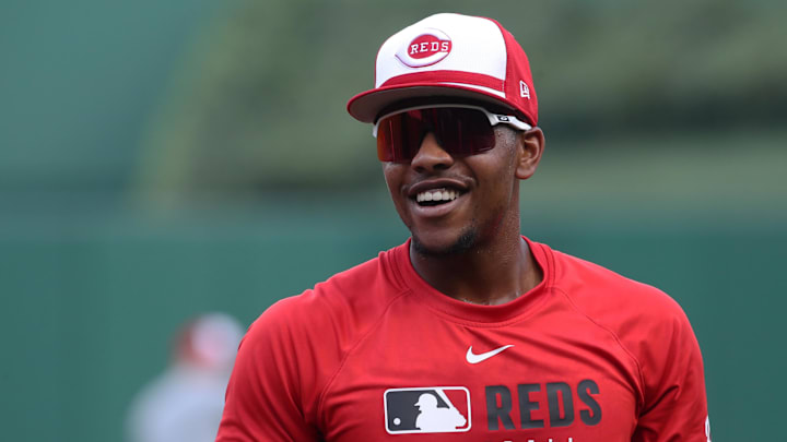 Aug 7, 2025; Pittsburgh, Pennsylvania, USA;  Cincinnati Reds third baseman Ke'Bryan Hayes (3) warms up before the game against the Pittsburgh Pirates at PNC Park. Mandatory Credit: Charles LeClaire-Imagn Images