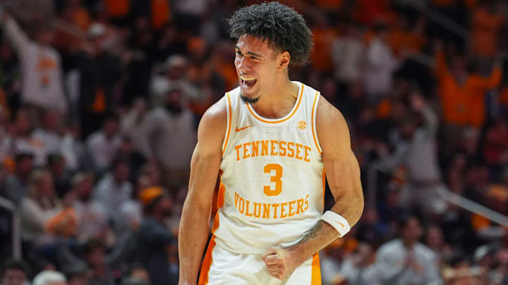 Tennessee guard Bishop Boswell (3) yells in celebration as Tennessee closes in on the win during a NCAA basketball game between the Tennessee Volunteers and Auburn Tigers at Thompson-Boling Arena at Food City Center in Knoxville, Tenn., on Jan. 31, 2026.