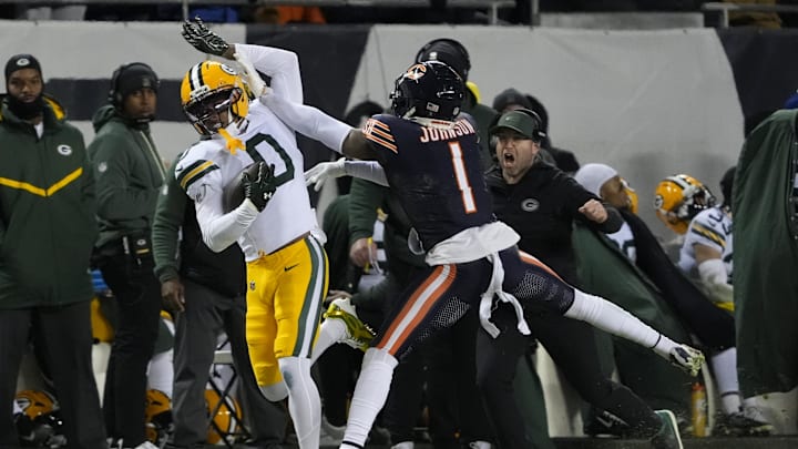 Jaylon Johnson defends against Matthew Golden in the Bears' wild-card round playoff win over Green Bay. Jaylon Johnson defends against Matthew Golden in the Bears' wild-card round playoff win over Green Bay.