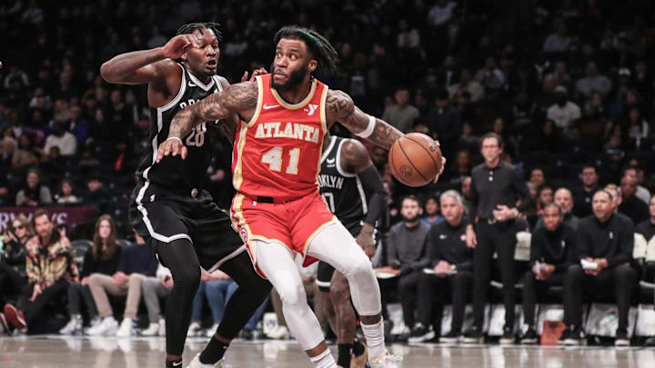 Mar 2, 2024; Brooklyn, New York, USA; Atlanta Hawks forward Saddiq Bey (41) drives past Brooklyn Nets forward Dorian Finney-Smith (28) in the first quarter at Barclays Center. Mandatory Credit: Wendell Cruz-Imagn Images Mar 2, 2024; Brooklyn, New York, USA; Atlanta Hawks forward Saddiq Bey (41) drives past Brooklyn Nets forward Dorian Finney-Smith (28) in the first quarter at Barclays Center. Mandatory Credit: Wendell Cruz-Imagn Images