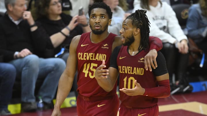 Apr 12, 2024; Cleveland, Ohio, USA; Cleveland Cavaliers guard Donovan Mitchell (45) and guard Darius Garland (10). Apr 12, 2024; Cleveland, Ohio, USA; Cleveland Cavaliers guard Donovan Mitchell (45) and guard Darius Garland (10).