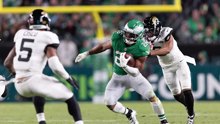 Nov 3, 2024; Philadelphia, Pennsylvania, USA;  Philadelphia Eagles running back Saquon Barkley (26) runs the ball against the Jacksonville Jaguars during the second quarter at Lincoln Financial Field. 