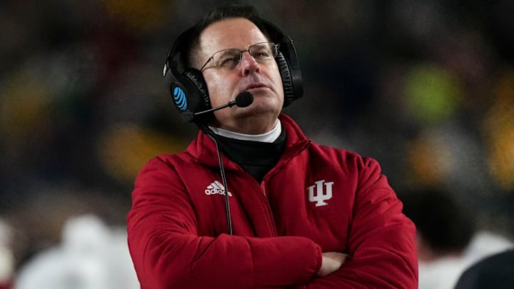 Indiana Hoosiers head coach Curt Cignetti watches the second half of a game between the Indiana Hoosiers and the Notre Dame Fighting Irish in first round of the College Football Playoff on Friday, Dec. 20, 2024, in South Bend. Notre Dame defeated Indiana 27-17.