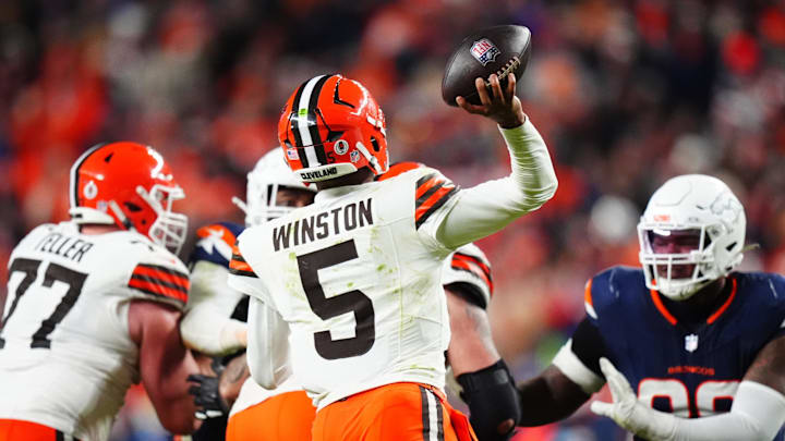 Dec 2, 2024; Denver, Colorado, USA; Cleveland Browns quarterback Jameis Winston (5) passes the ball in the second half against the Denver Broncos at Empower Field at Mile High.