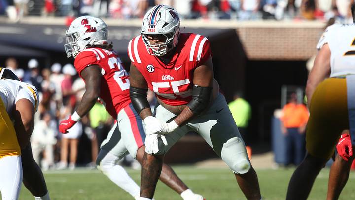 Oct 17, 2026; Oxford, Mississippi, USA; Mississippi Rebels offensive lineman Terez Davis (55) lines up during the second quarter against the Missouri Tigers at Vaught-Hemingway Stadium. Mandatory Credit: Petre Thomas-Imagn Images