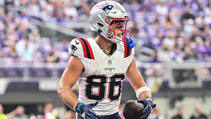 Aug 16, 2025; Minneapolis, Minnesota, USA; New England Patriots wide receiver Efton Chism III (86) reacts after a touchdown against the Minnesota Vikings during the second quarter at U.S. Bank Stadium.