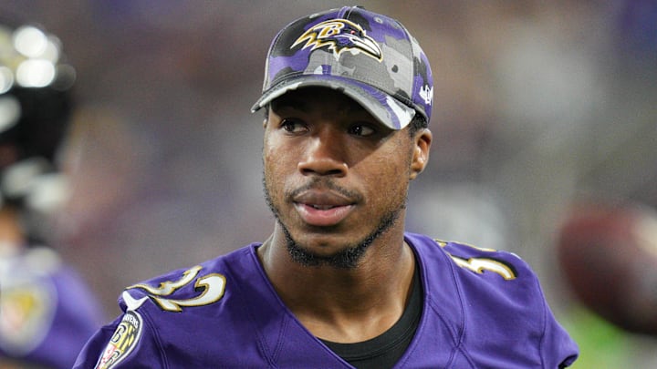 Aug 27, 2022; Baltimore, Maryland, USA;  Baltimore Ravens safety Marcus Williams (32) on the sidelines during the third quarter against the Washington Commanders at M&T Bank Stadium. Mandatory Credit: Jessica Rapfogel-Imagn Images