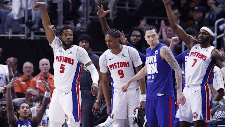 Detroit Pistons guard Malik Beasley (5) celebrates a three-point basket in the first half against the New York Knicks at Little Caesars Arena.