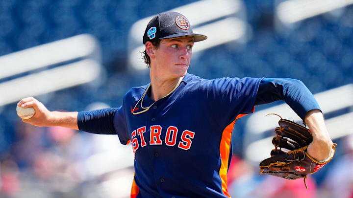 Mar 11, 2023; West Palm Beach, Florida, USA; Houston Astros starting pitcher Forrest Whitley (60) throws a pitch against the St. Louis Cardinals during the first inning at The Ballpark of the Palm Beaches. 