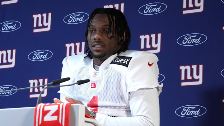 Nov 8, 2024; Munich, Germany; New York Giants wide receiver Malik Nabers (1) during a press conference at the FC Bayern Munchen training grounds at Sabener Strasse.  