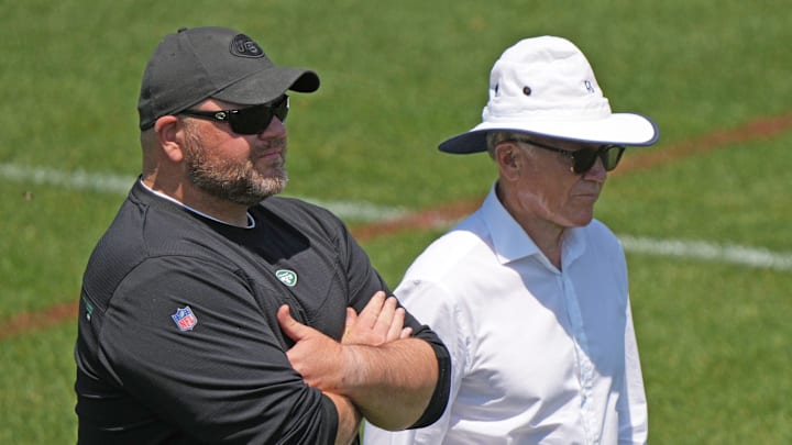 Florham Park, NJ May 31, 2023 -- General manager Joe Douglas and owner Woody Johnson during the Jets OTA.
