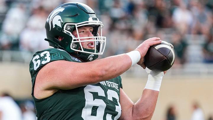 Michigan State offensive lineman Trent Fraley (63) practice ahead of the Toledo game at Spartan Stadium in East Lansing on Friday, Sept. 4, 2026. Michigan State offensive lineman Trent Fraley (63) practice ahead of the Toledo game at Spartan Stadium in East Lansing on Friday, Sept. 4, 2026.