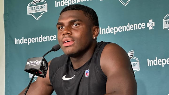 Eagles CB Jakorian Bennett speaks with reporters after practice on Aug. 18, 2025.
