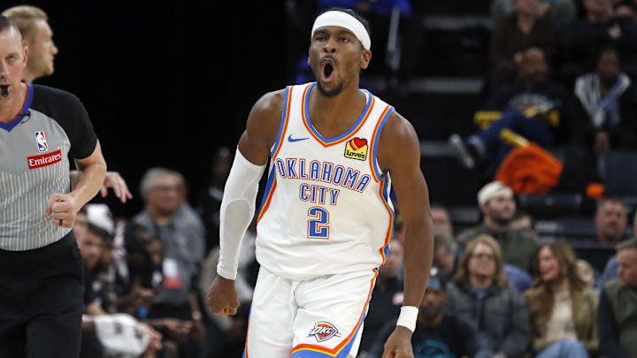 Nov 9, 2025; Memphis, Tennessee, USA; Oklahoma City Thunder guard Shai Gilgeous-Alexander (2) reacts after a three point basket during the fourth quarter against the Memphis Grizzlies at FedExForum. Mandatory Credit: Petre Thomas-Imagn Images