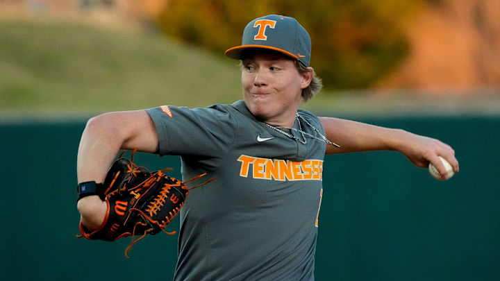 Mar 20, 2025; Tuscaloosa AL, USA; Tennessee pitcher Liam Doyle (12) pitches against Alabama at Sewell-Thomas Stadium.