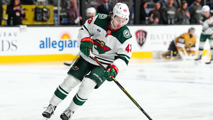 Dec 29, 2025; Las Vegas, Nevada, USA; Minnesota Wild defenseman Quinn Hughes (43) warms up before a game against the Vegas Golden Knights at T-Mobile Arena. Mandatory Credit: Stephen R. Sylvanie-Imagn Images