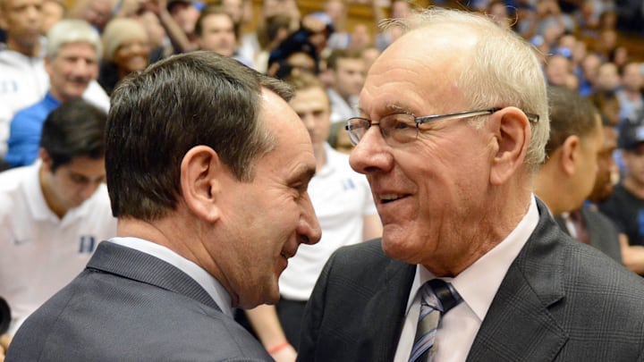 Feb 24, 2018; Durham, NC, USA; Duke Blue Devils head coach Mike Krzyzewski (left) talks to Syracuse Orange head coach Jim Boeheim prior to a game at Cameron Indoor Stadium. Mandatory Credit: Rob Kinnan-Imagn Images Feb 24, 2018; Durham, NC, USA; Duke Blue Devils head coach Mike Krzyzewski (left) talks to Syracuse Orange head coach Jim Boeheim prior to a game at Cameron Indoor Stadium. Mandatory Credit: Rob Kinnan-Imagn Images