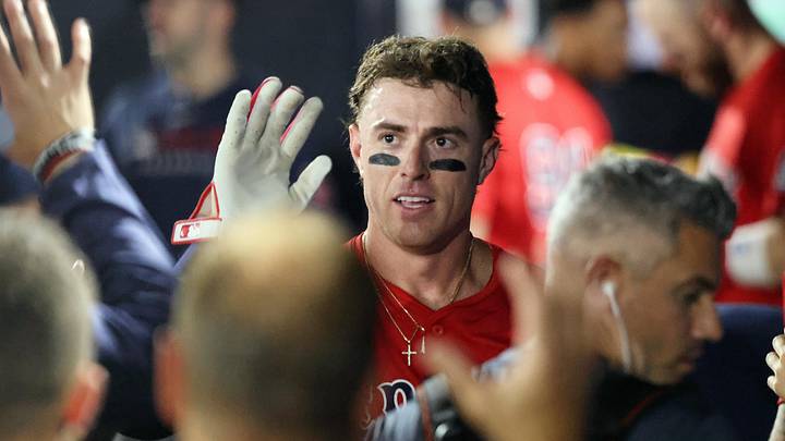 Sep 19, 2025; Tampa, Florida, USA;  Boston Red Sox second baseman Romy Gonzalez (23) is congratulated in the dugout after scoring during the eighth inning against the Tampa Bay Rays at George M. Steinbrenner Field. Mandatory Credit: Kim Klement Neitzel-Imagn Images