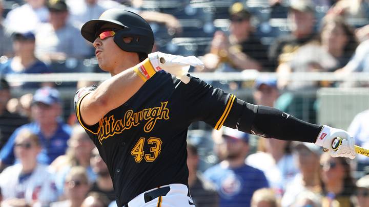 Sep 17, 2025; Pittsburgh, Pennsylvania, USA; Pittsburgh Pirates first baseman Rafael Flores (43) hits a double for his first major league hit in his major league debut against the Chicago Cubs during the third inning at PNC Park. Mandatory Credit: Charles LeClaire-Imagn Images Sep 17, 2025; Pittsburgh, Pennsylvania, USA; Pittsburgh Pirates first baseman Rafael Flores (43) hits a double for his first major league hit in his major league debut against the Chicago Cubs during the third inning at PNC Park. Mandatory Credit: Charles LeClaire-Imagn Images