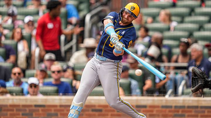 Jun 21, 2026; Cumberland, Georgia, USA; Milwaukee Brewers first baseman Jake Bauers (9) hits a single against the Atlanta Braves during the second inning at Truist Park. Mandatory Credit: Dale Zanine-Imagn Images Jun 21, 2026; Cumberland, Georgia, USA; Milwaukee Brewers first baseman Jake Bauers (9) hits a single against the Atlanta Braves during the second inning at Truist Park. Mandatory Credit: Dale Zanine-Imagn Images