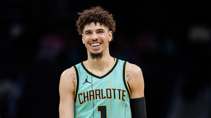 Jan 25, 2025; Charlotte, North Carolina, USA; Charlotte Hornets guard LaMelo Ball (1) reacts during the second quarter against the New Orleans Pelicans at Spectrum Center. Mandatory Credit: Scott Kinser-Imagn Images