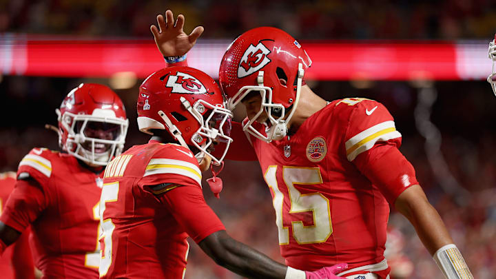 Quarterback Patrick Mahomes (15) and wide receiver Hollywood Brown celebrate one of their two touchdown connections as the Kansas City Chiefs defeated the Detroit Lions on Sunday Night.