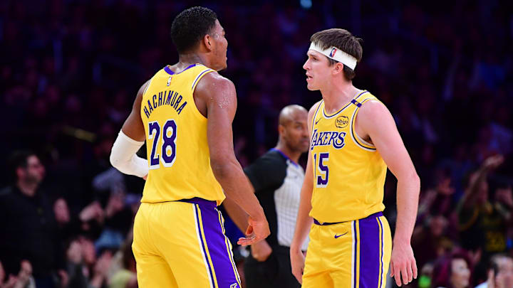 January 15, 2025; Los Angeles, California, USA; Los Angeles Lakers forward Rui Hachimura (28) and guard Austin Reaves (15) celebrate during the second half at Crypto.com Arena. Mandatory Credit: Gary A. Vasquez-Imagn Images