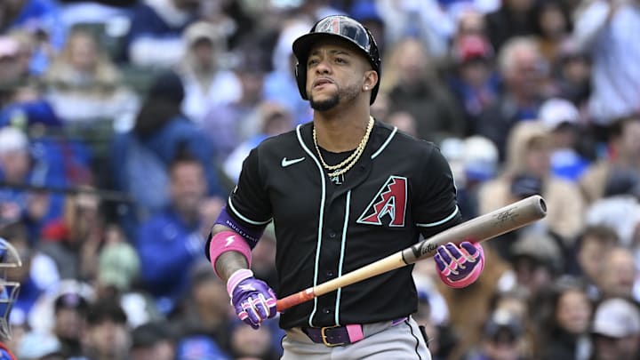 May 2, 2026; Chicago, Illinois, USA;  Arizona Diamondbacks second baseman Ketel Marte (4) reacts after striking out swinging against he Chicago Cubs during the eighth inning at Wrigley Field. Mandatory Credit: Matt Marton-Imagn Images