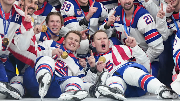 Team USA men’s hockey team celebrates winning its first gold medal in 46 years.